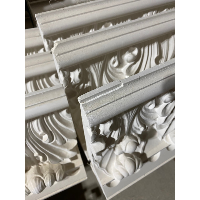 Plaster Crown Molding Romanesque with Acanthus Leaf 3-1/2" P x 12" D x 14" R