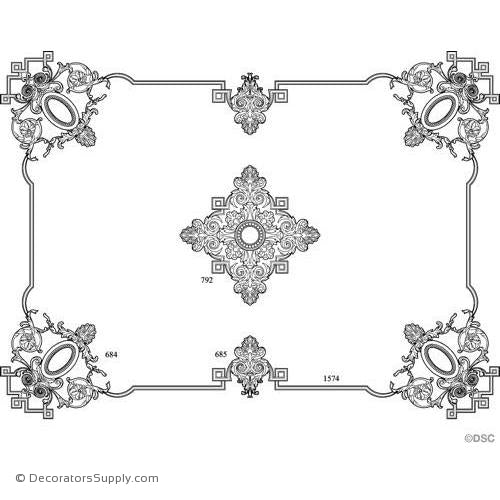 Louis XIV 11' x 11' 1-792 4-684-1 2-685 22'-1574-Hand-cast-ceiling-ornaments-Decorators Supply