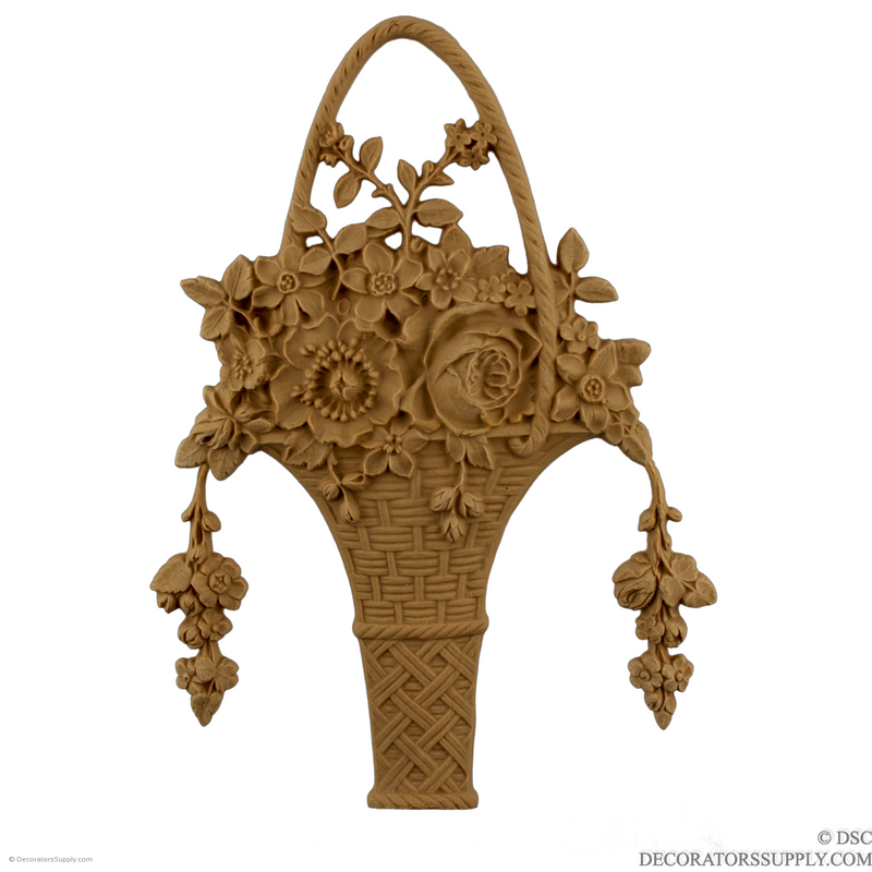 Rose Basket Applique for Wood 4 3/8 High 3 Wide-ornaments-for-furniture-woodwork-Decorators Supply